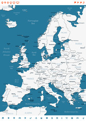 Europe - map and navigation labels - illustration.Image contains next layers:
land contours,country and land names,city names,water object names,navigation icons.
