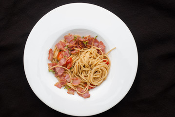Spaghetti with dried chilli ,bacon and garlic.