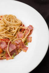 Spaghetti with dried chilli ,bacon and garlic.