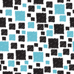 Seamless pattern with hand drawn blue and black abstract squares