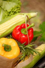 Fresh vegetables at shopping bags grocery market