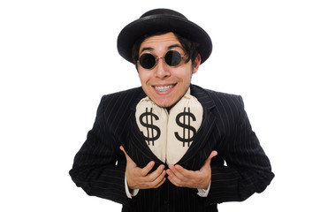 Young employee holding money bags isolated on white