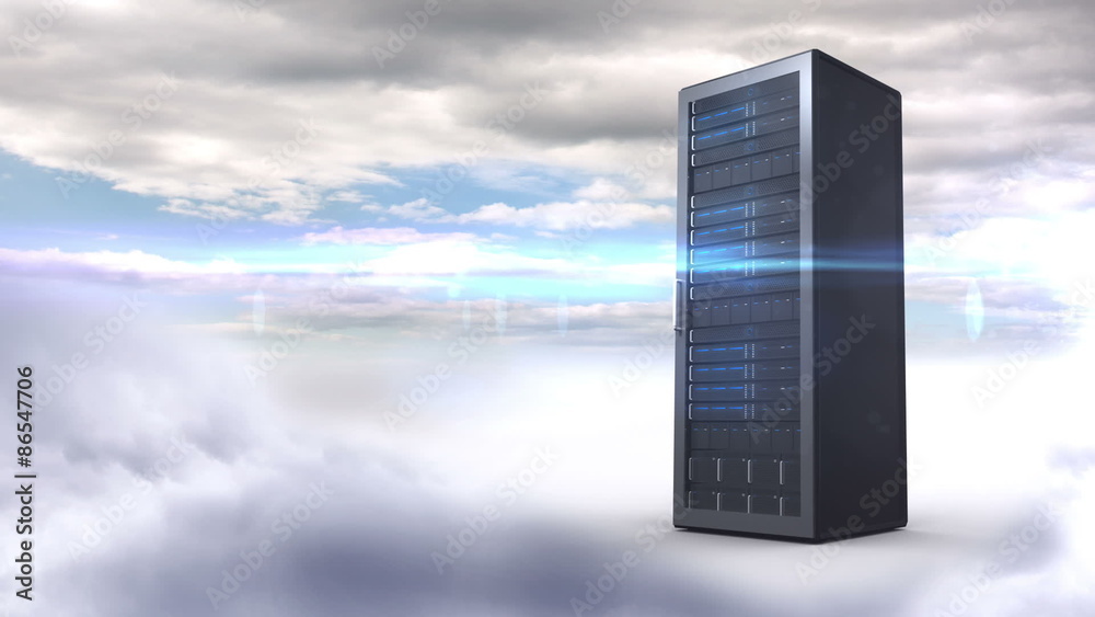 Poster server tower on cloudy sky background