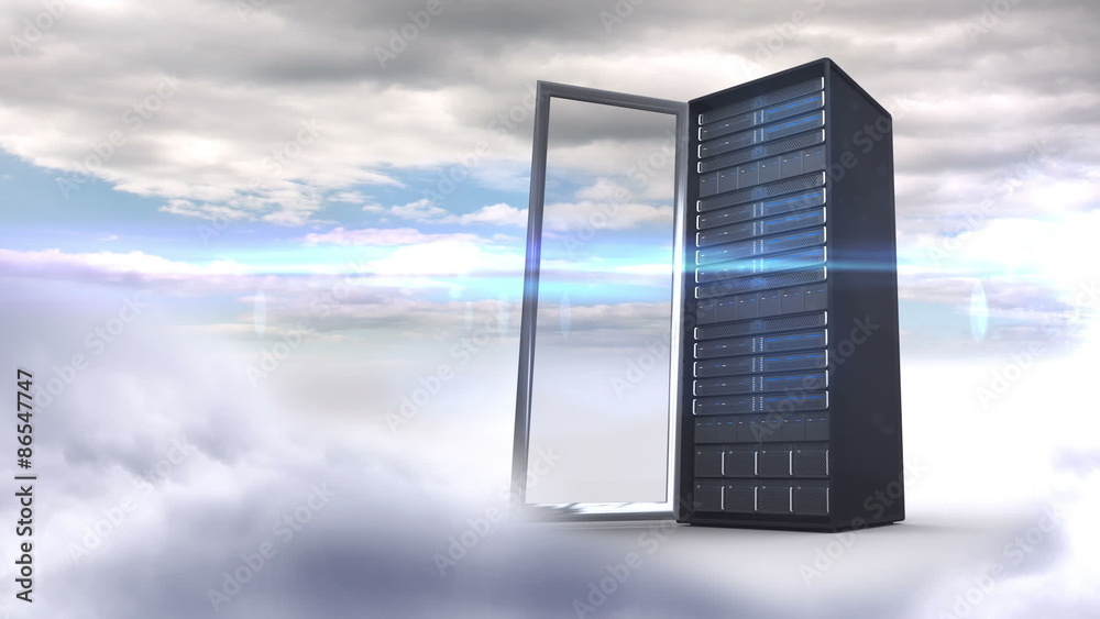Poster Open server tower on cloudy sky background 