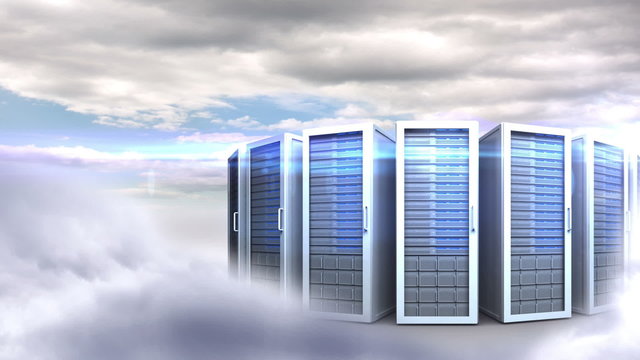 Servers towers on cloudy sky background 