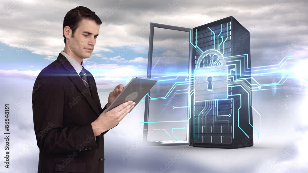 Poster businessman using tablet in front of server tower