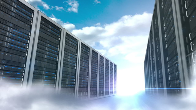 Server tower on cloudy sky background 