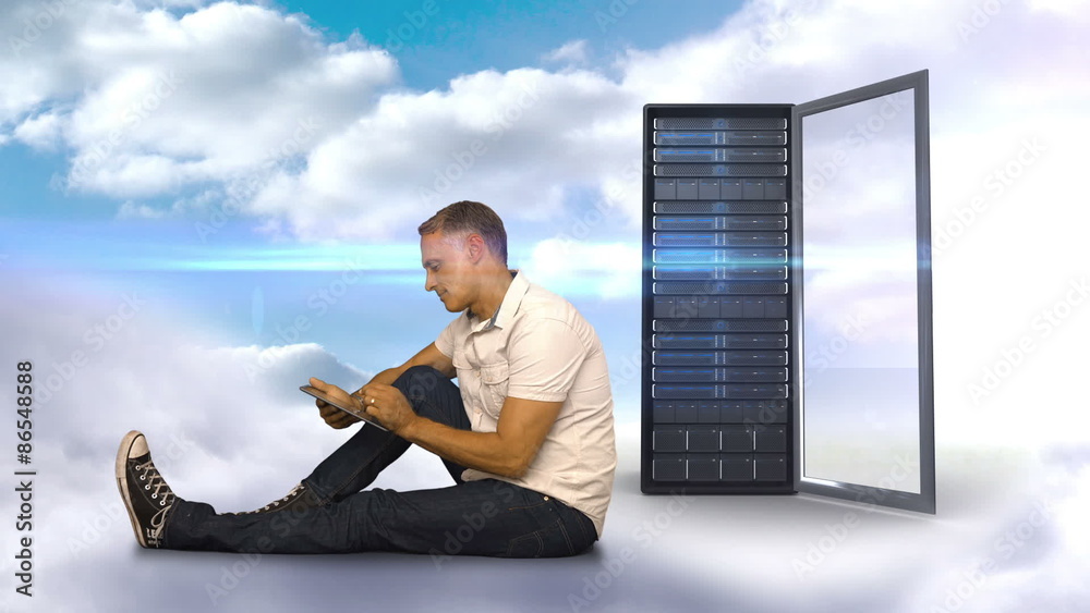 Poster Casual man using his smartphone in front of server tower 