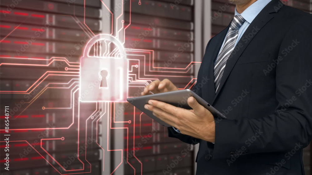 Poster businessman using tablet in front of locked server