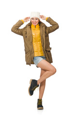 Pretty woman in jeans shorts isolated on white