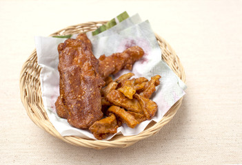 Closeup Deep fried banana and pumpkin in rattan basket
