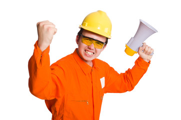 Builder with loudspeaker isolated on white