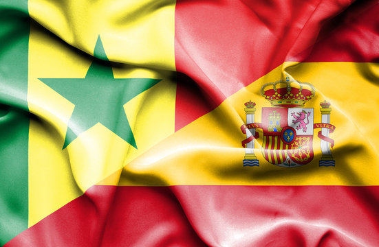 Waving flag of Spain and Senegal