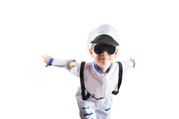 Little boy pretend as an astronout pilot