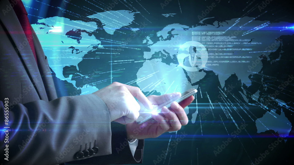 Poster businessman using his smartphone on digital interface background