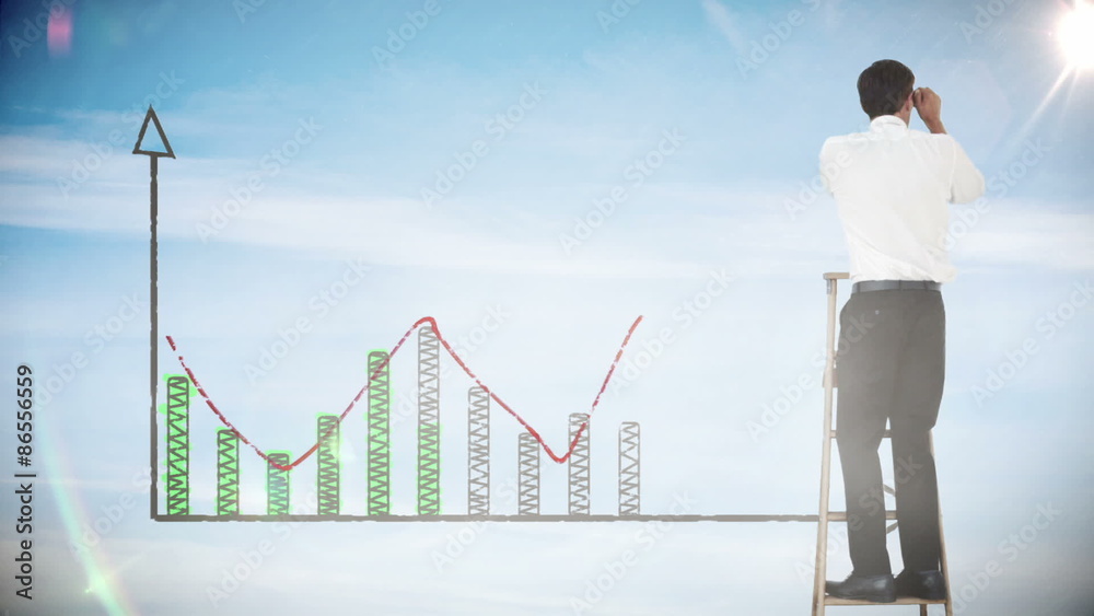 Poster Businessman looking at date graph with binoculars 