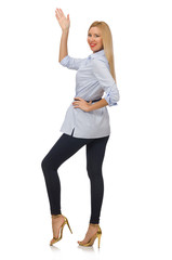 Woman in blue blouse  isolated on white