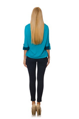 Woman in blue shirt isolated on white