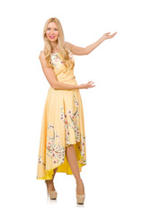 Blond girl in charming dress with flower prints isolated on whit