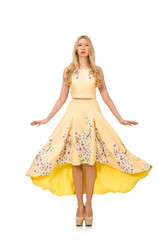 Blond girl in charming dress with flower prints isolated on whit