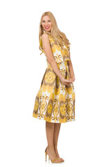Pretty girl in yellow floral dress isolated on white
