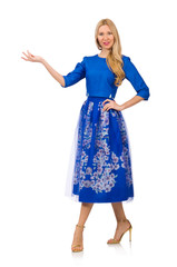 Fototapeta premium Woman in blue dress with flower prints isolated on white