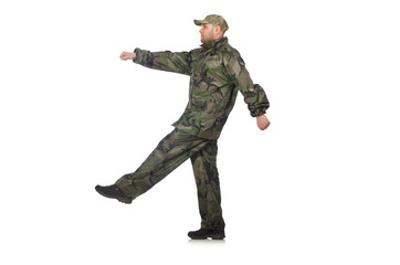 Young man in soldier uniform isolated on white