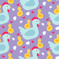 Hen and lovely chickens seamless pattern