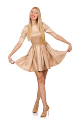 Pretty girl in satin mini dress isolated on white