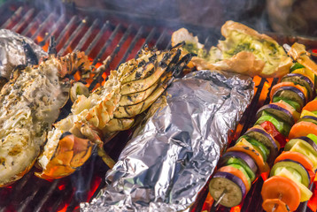 Grill cooking seafood top view