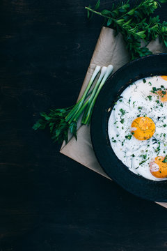 Fried eggs in cast iron frying pan