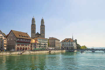 Zurich city center and quay of Limmat in summer