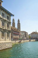 Zurich city center skyline and Limmat quay in summer, Switzerlan