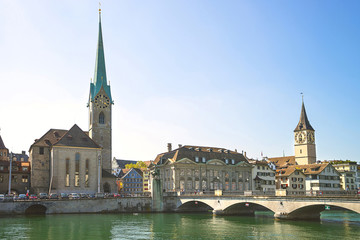 Obraz premium Zurich city center skyline and Limmat quay in summer