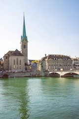 Zurich city center skyline and Limmat quay in summertime