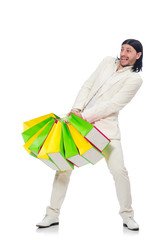 Man with shopping bags isolated on white