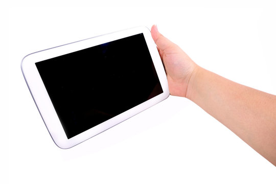 Hand hold a tablet, isolated background