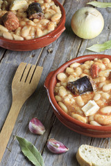 Spanish fabada in earthenware dishes