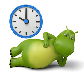 3d cartoon animal with a clock. 3d image. Isolated white background