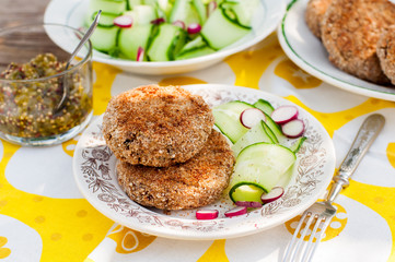 Potato and Pork Patties with Cucumber and Radish Salad