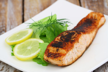 Grilled salmon, closeup
