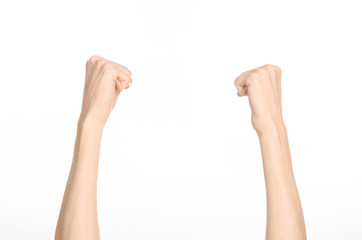 Hand gestures theme: the human hand shows gestures isolated on white background in studio