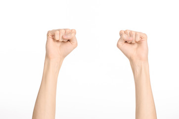 Hand gestures theme: the human hand shows gestures isolated on white background in studio