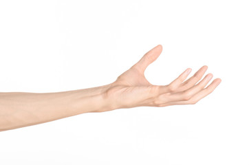 Hand gestures theme: the human hand shows gestures isolated on white background in studio