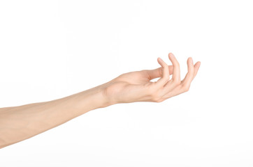 Hand gestures theme: the human hand shows gestures isolated on white background in studio