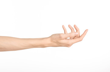 Hand gestures theme: the human hand shows gestures isolated on white background in studio