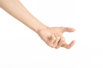 Hand gestures theme: the human hand shows gestures isolated on white background in studio