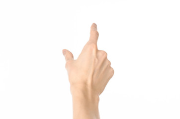 Gestures topic: human hand gestures showing first-person view isolated on white background in studio