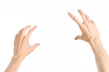 Gestures topic: human hand gestures showing first-person view isolated on white background in studio - obrazy, fototapety, plakaty