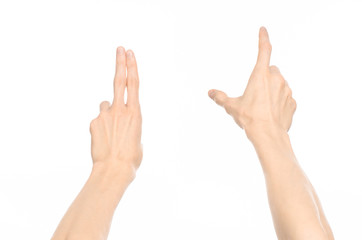 Gestures topic: human hand gestures showing first-person view isolated on white background in studio